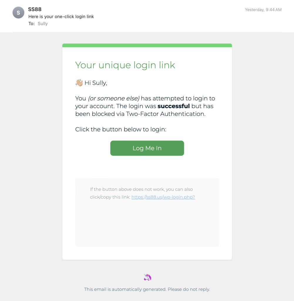The email the user receives after being blocked by 2FA.